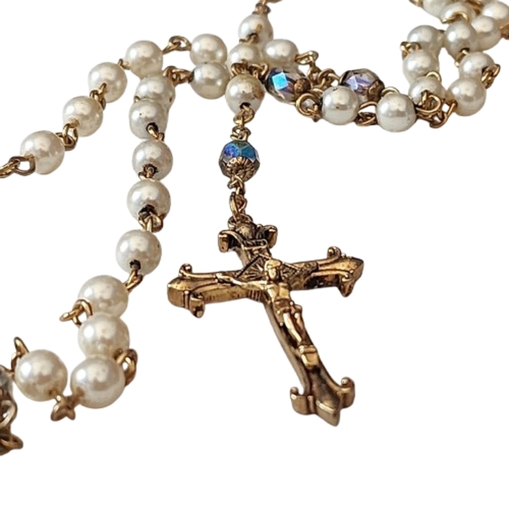 White Beaded With Colored Irridescent Glass Gold Catholic Rosary